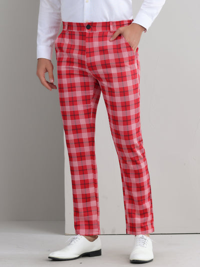 Plaid Pants for Men's Color Block Straight Leg Checked Pattern Chino Trousers