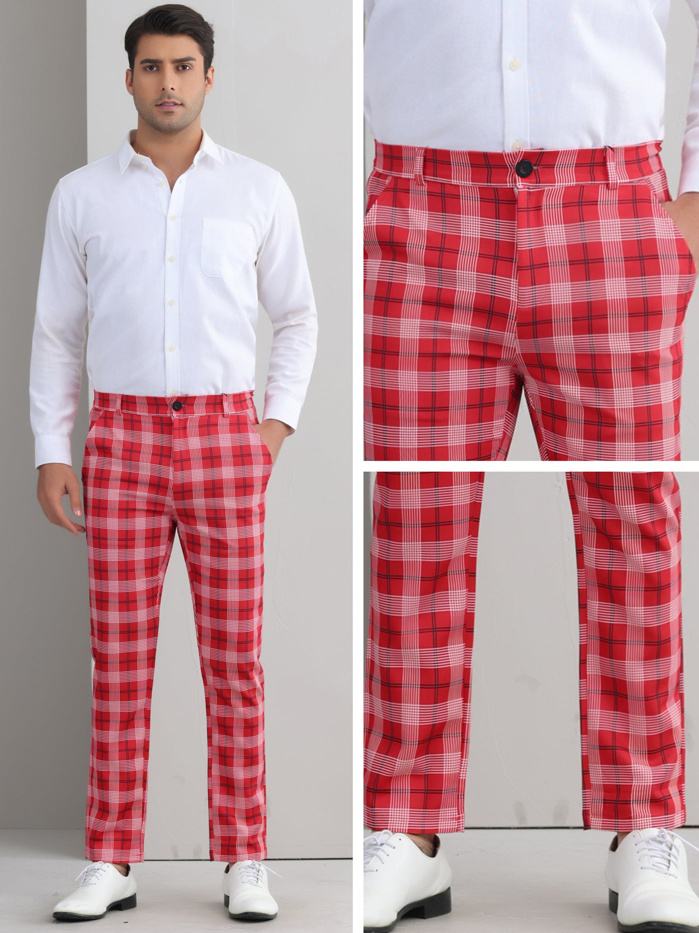 Bublédon Plaid Pants for Men's Color Block Straight Leg Checked Pattern Chino Trousers