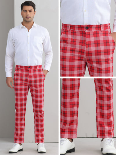 Plaid Pants for Men's Color Block Straight Leg Checked Pattern Chino Trousers