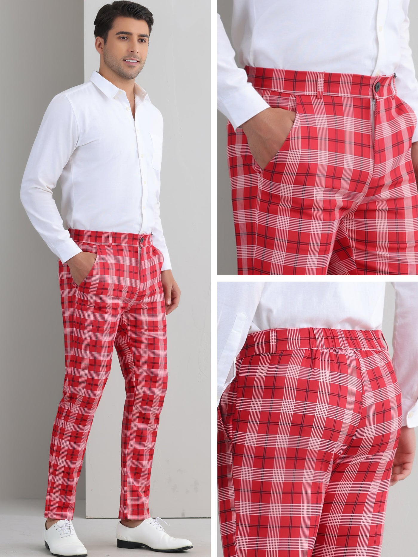 Bublédon Plaid Pants for Men's Color Block Straight Leg Checked Pattern Chino Trousers