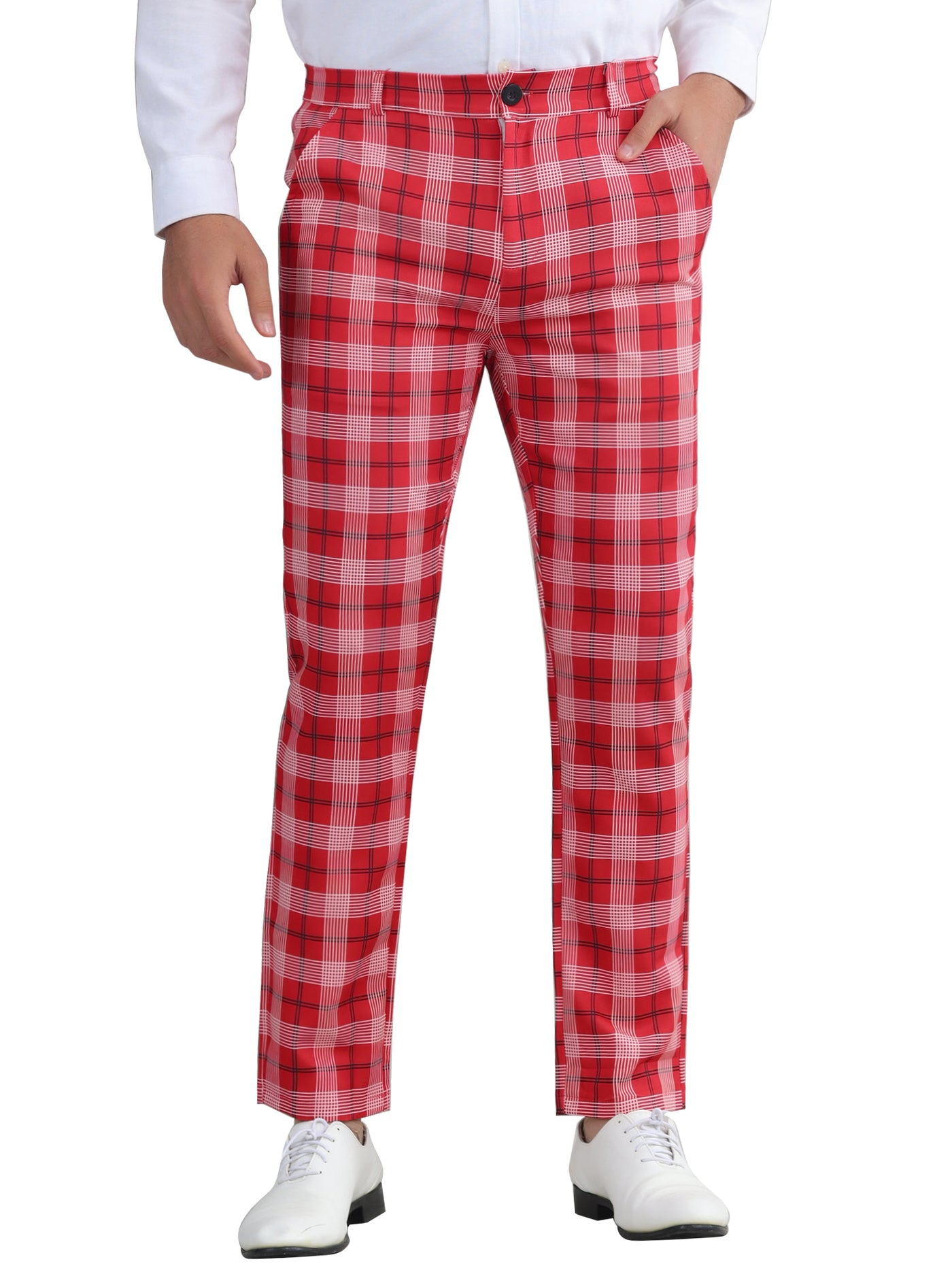 Bublédon Plaid Pants for Men's Color Block Straight Leg Checked Pattern Chino Trousers