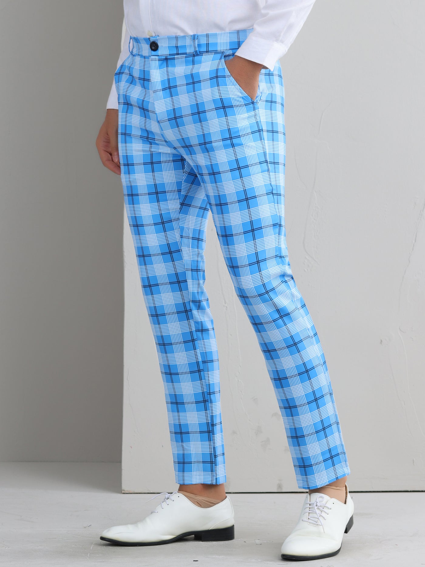 Bublédon Plaid Pants for Men's Color Block Straight Leg Checked Pattern Chino Trousers