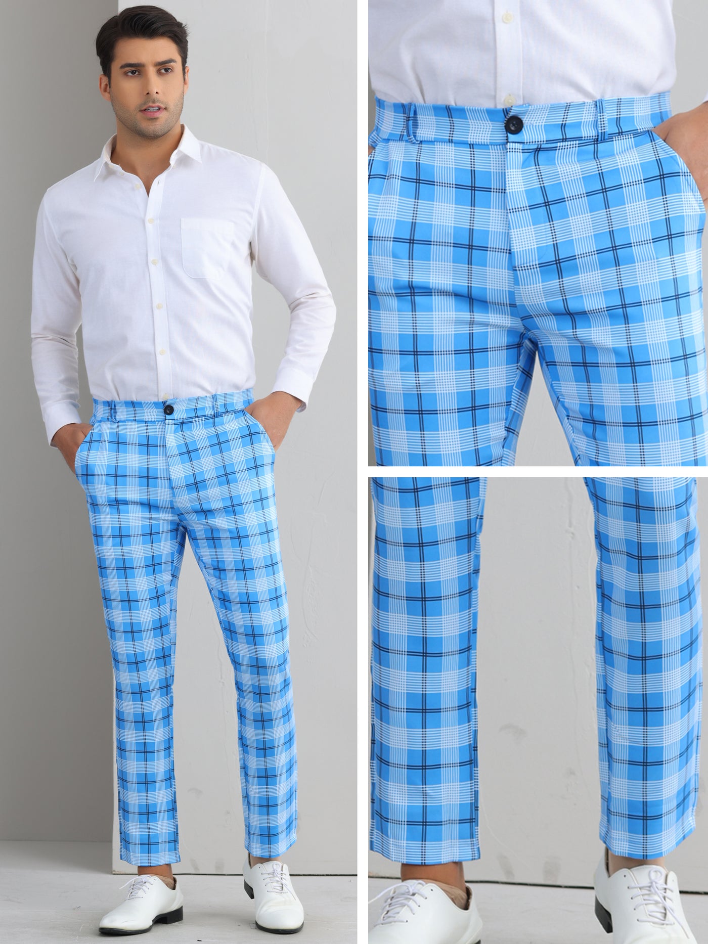 Bublédon Plaid Pants for Men's Color Block Straight Leg Checked Pattern Chino Trousers