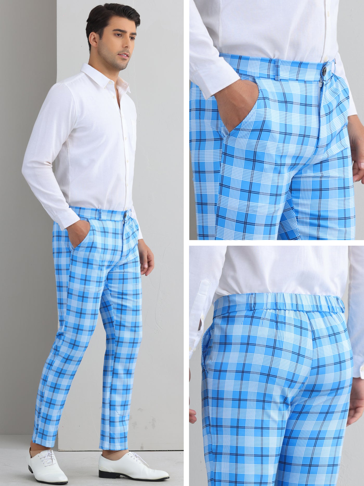 Bublédon Plaid Pants for Men's Color Block Straight Leg Checked Pattern Chino Trousers