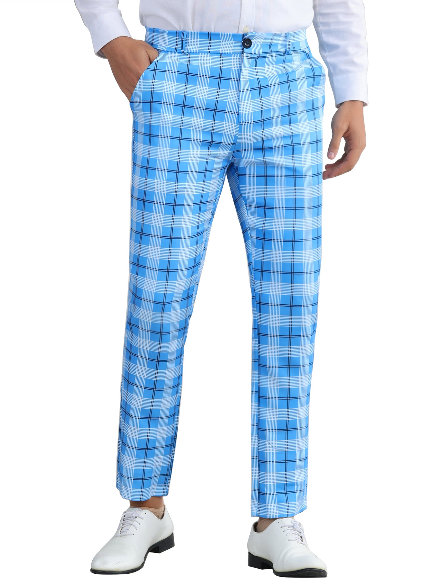 Bublédon Plaid Pants for Men's Color Block Straight Leg Checked Pattern Chino Trousers