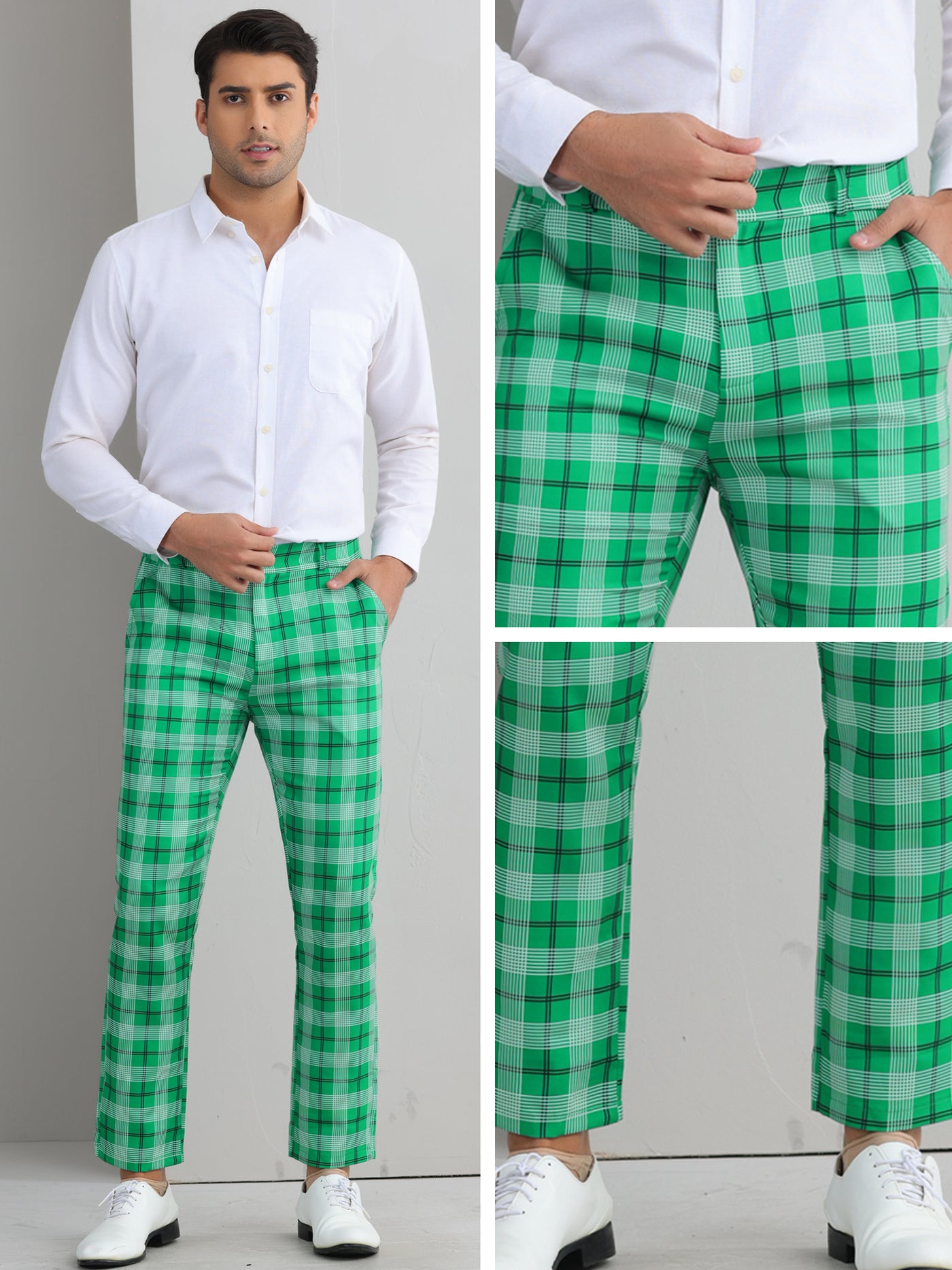 Bublédon Plaid Pants for Men's Color Block Straight Leg Checked Pattern Chino Trousers