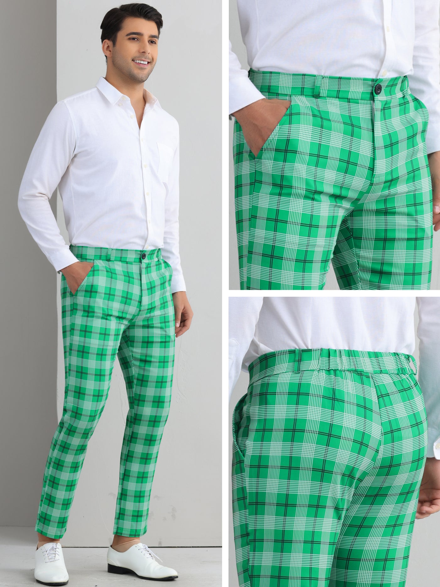 Bublédon Plaid Pants for Men's Color Block Straight Leg Checked Pattern Chino Trousers