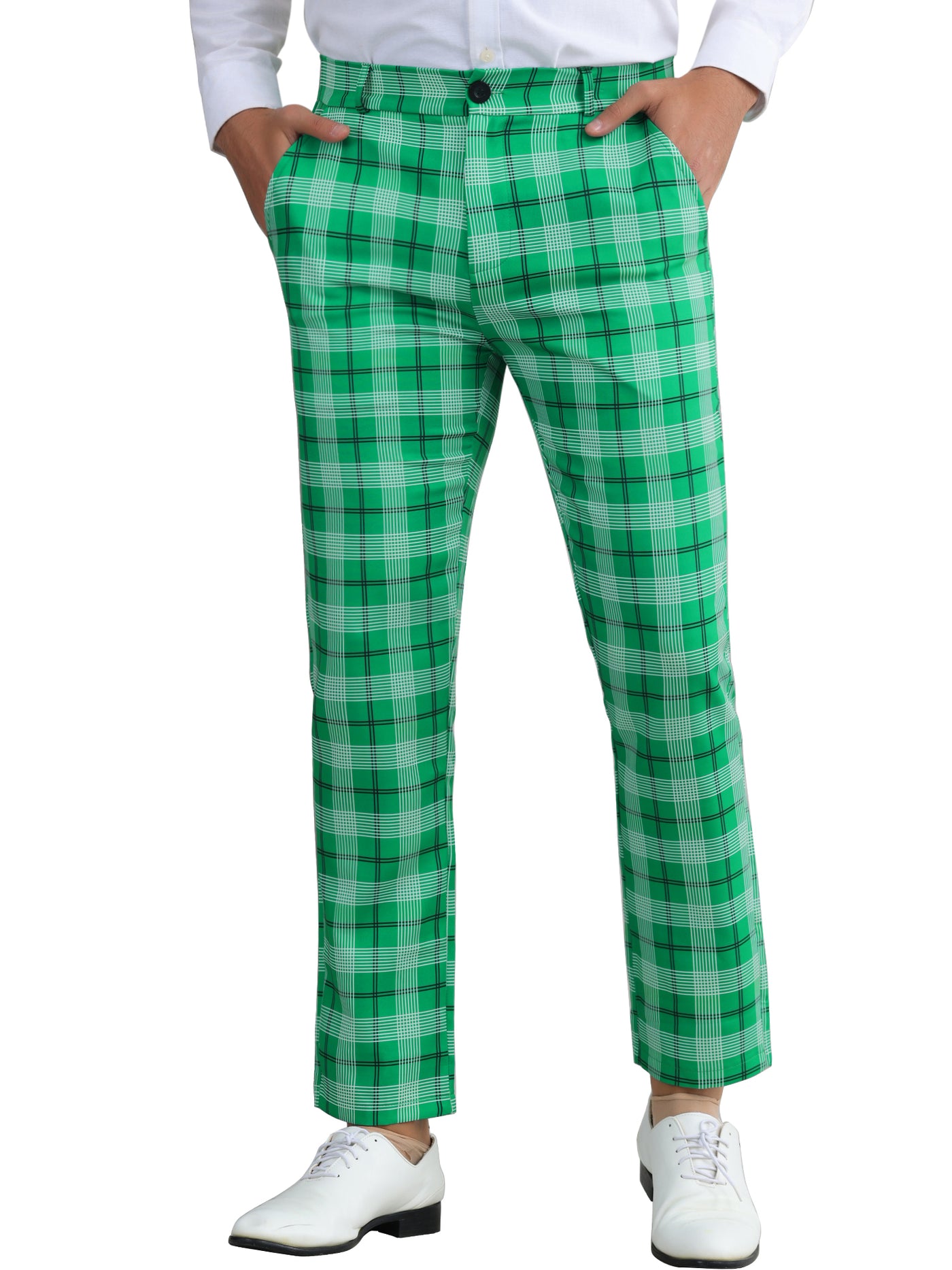 Bublédon Plaid Pants for Men's Color Block Straight Leg Checked Pattern Chino Trousers