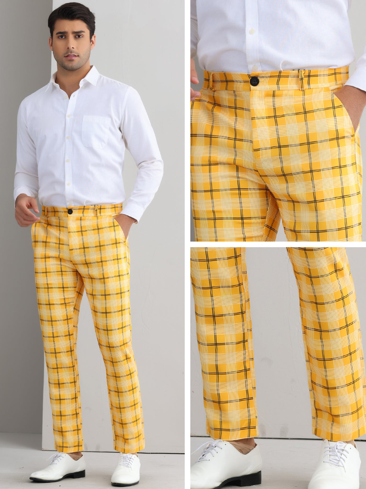 Bublédon Plaid Pants for Men's Color Block Straight Leg Checked Pattern Chino Trousers