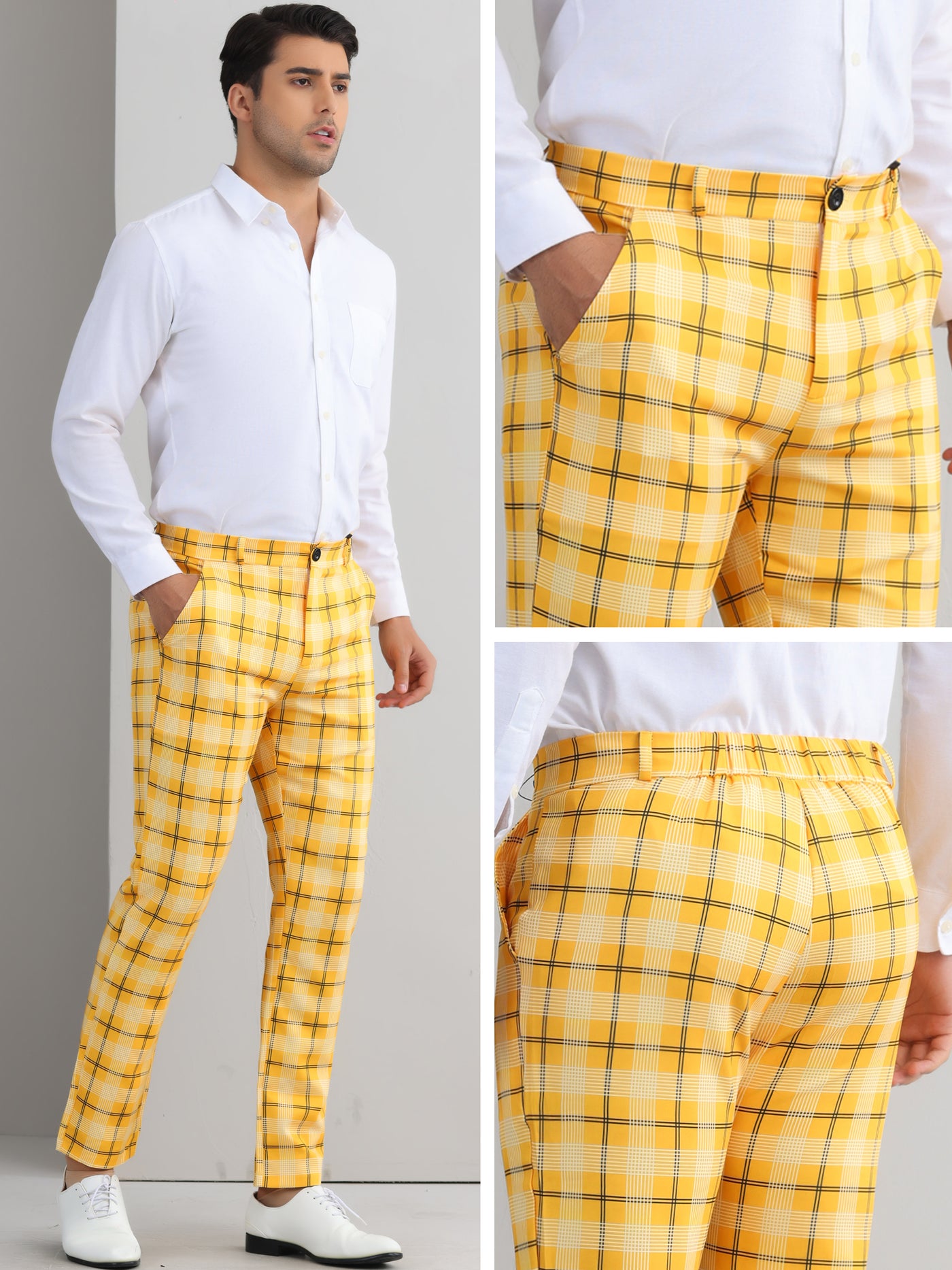 Bublédon Plaid Pants for Men's Color Block Straight Leg Checked Pattern Chino Trousers