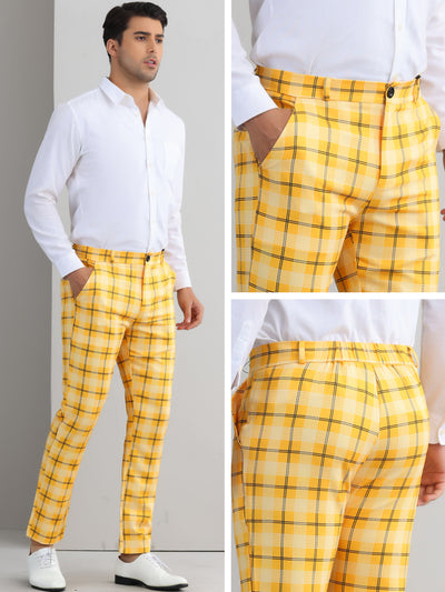 Plaid Pants for Men's Color Block Straight Leg Checked Pattern Chino Trousers