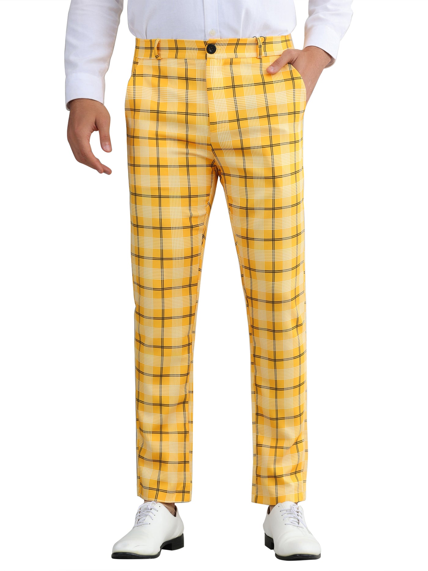 Bublédon Plaid Pants for Men's Color Block Straight Leg Checked Pattern Chino Trousers