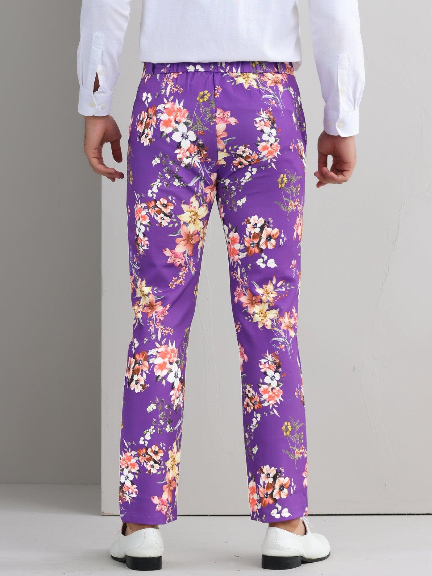 Bublédon Floral Printed Dress Pants for Men's Straight Leg Flat Front Flower Pattern Trousers