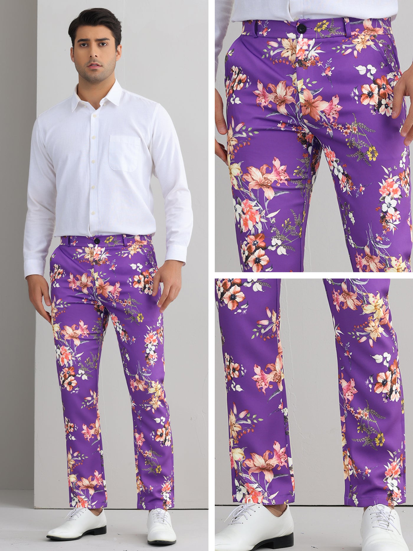 Bublédon Floral Printed Dress Pants for Men's Straight Leg Flat Front Flower Pattern Trousers