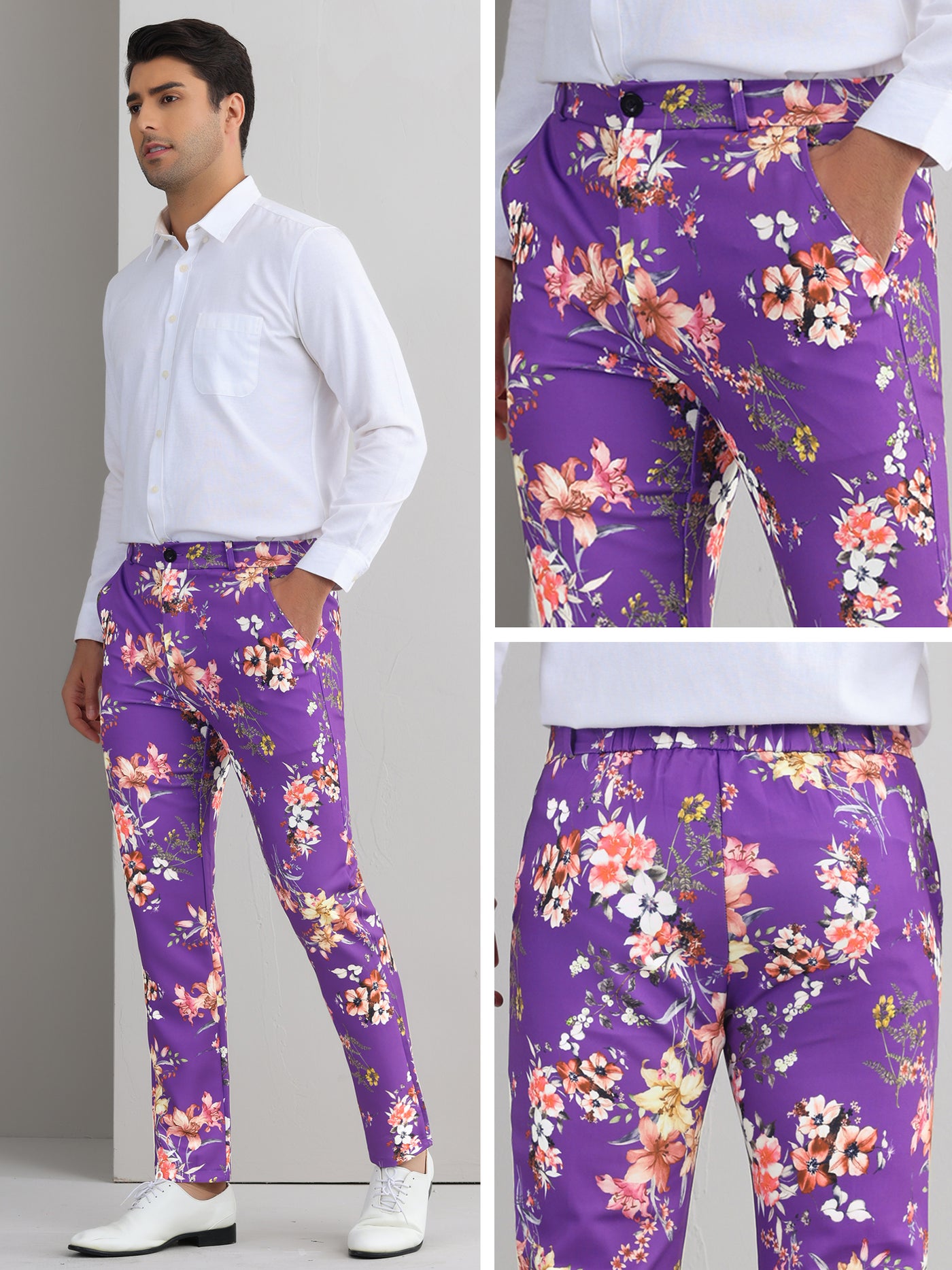 Bublédon Floral Printed Dress Pants for Men's Straight Leg Flat Front Flower Pattern Trousers