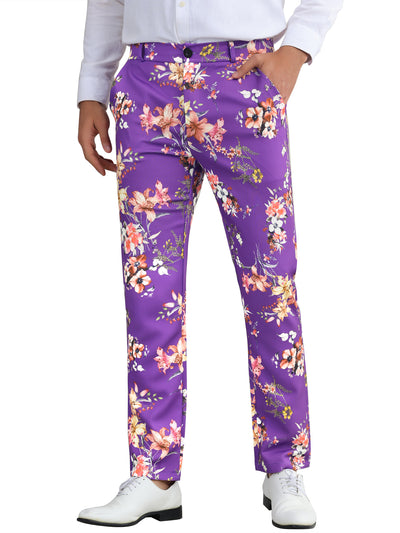 Floral Printed Dress Pants for Men's Straight Leg Flat Front Flower Pattern Trousers