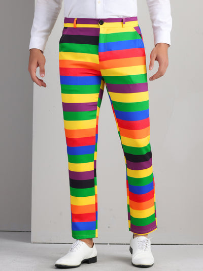 Rainbow Striped Dress Pants for Men's Contrast Color Regular Fit Trousers