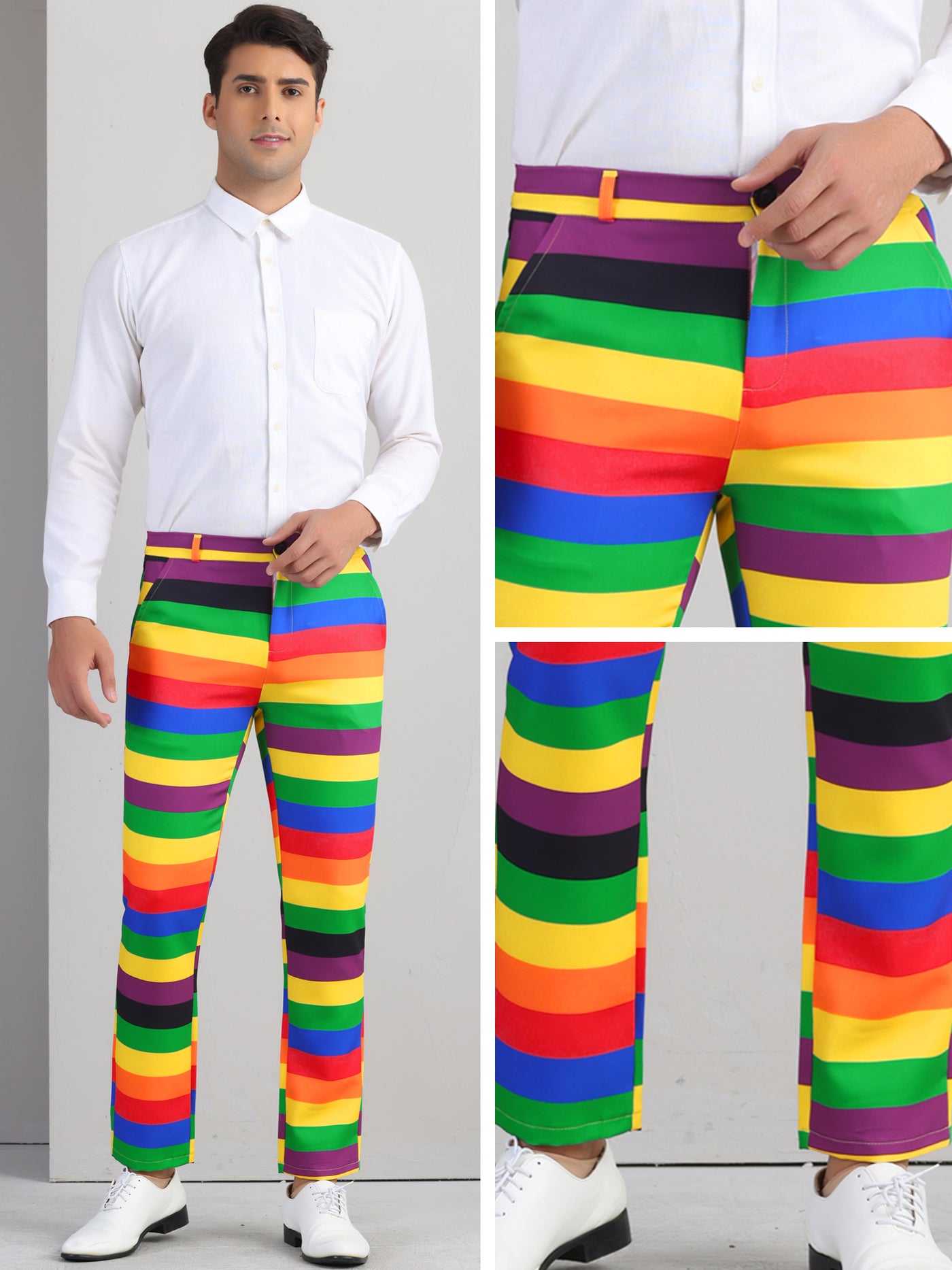 Bublédon Rainbow Striped Dress Pants for Men's Contrast Color Regular Fit Trousers