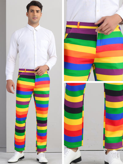 Rainbow Striped Dress Pants for Men's Contrast Color Regular Fit Trousers