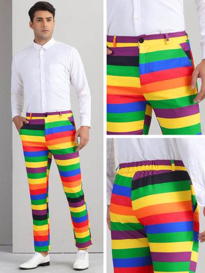 Rainbow Striped Dress Pants for Men's Contrast Color Regular Fit Trousers