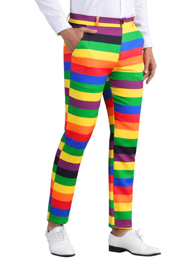 Rainbow Striped Dress Pants for Men's Contrast Color Regular Fit Trousers