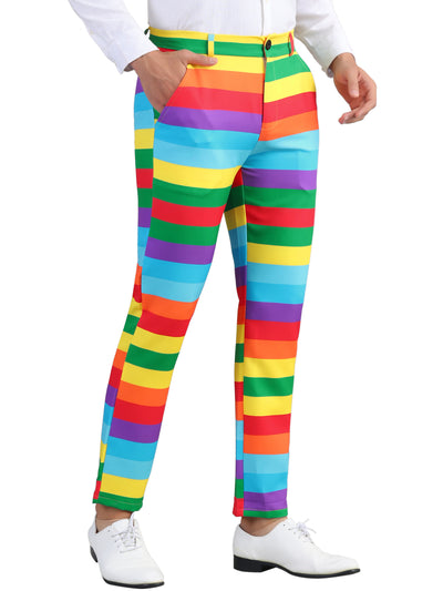 Rainbow Striped Dress Pants for Men's Contrast Color Regular Fit Trousers