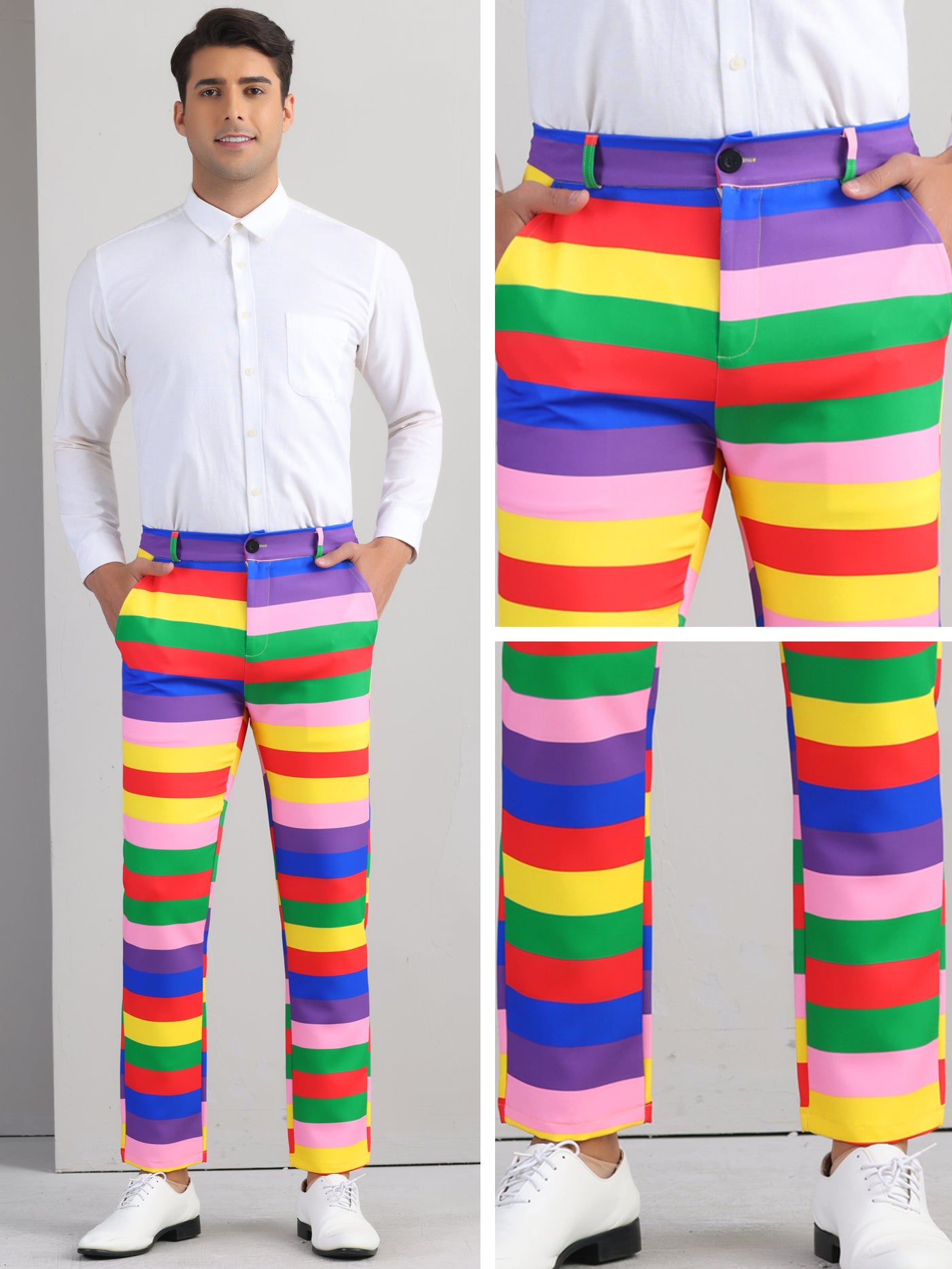 Bublédon Rainbow Striped Dress Pants for Men's Contrast Color Regular Fit Trousers