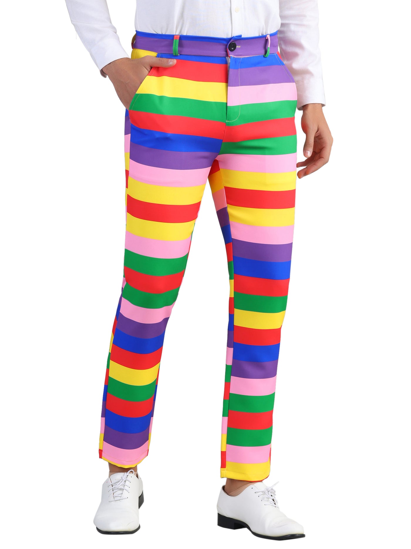 Bublédon Rainbow Striped Dress Pants for Men's Contrast Color Regular Fit Trousers