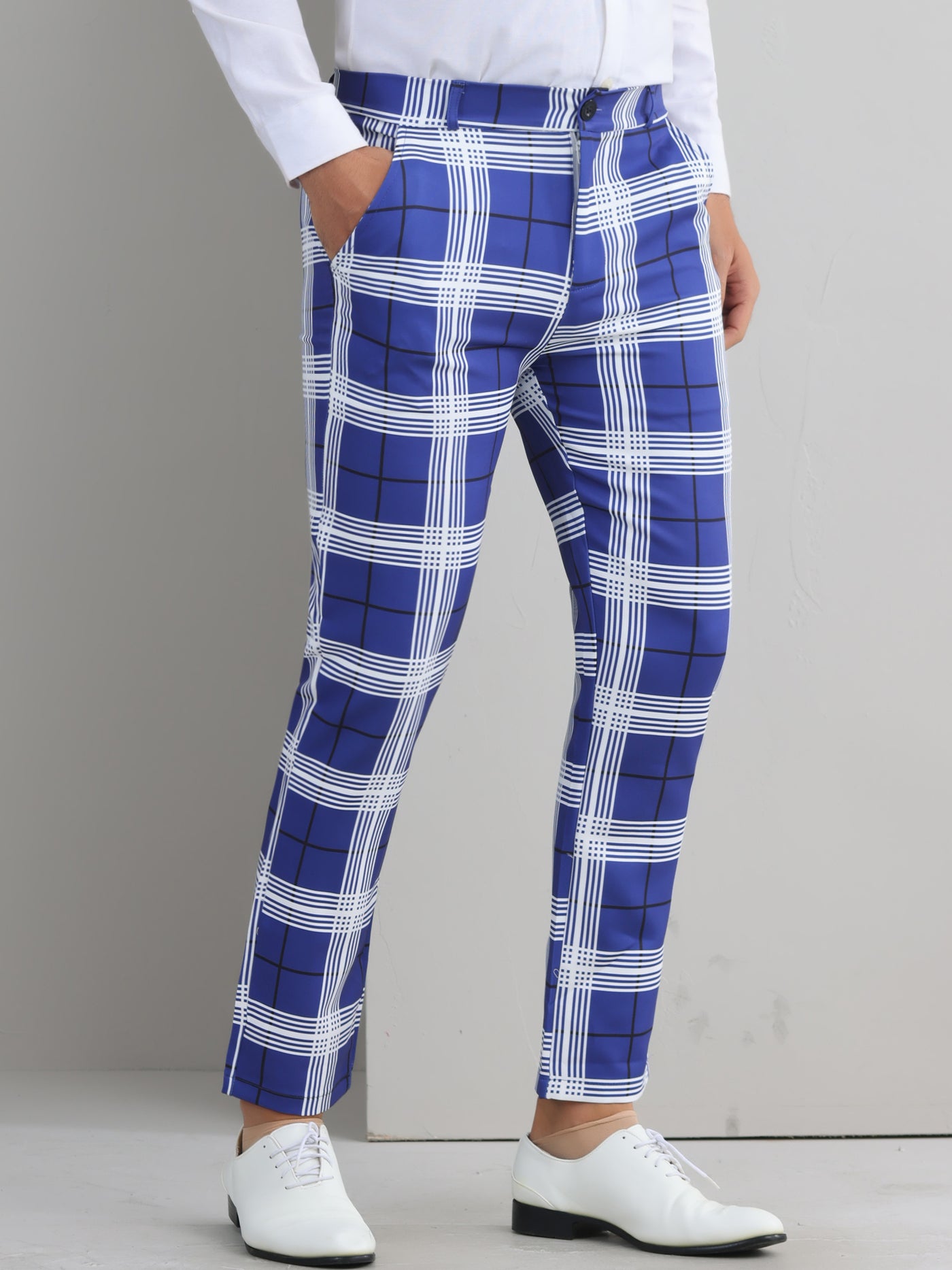 Bublédon Plaid Dress Pants for Men's Flat Front Color BlockZipper Business Chino Trousers