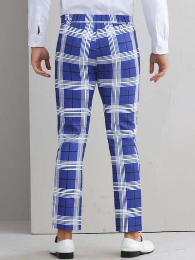 Plaid Dress Pants for Men's Flat Front Color BlockZipper Business Chino Trousers