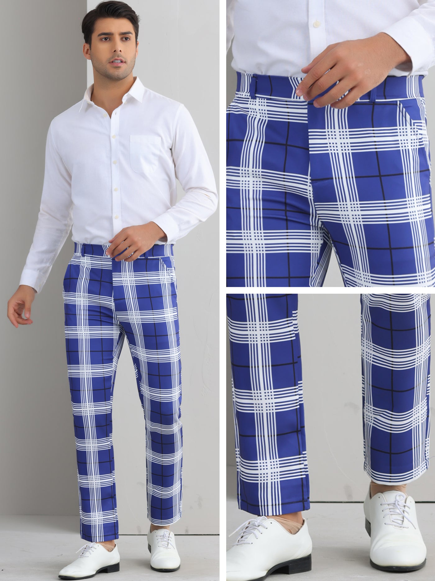 Bublédon Plaid Dress Pants for Men's Flat Front Color BlockZipper Business Chino Trousers