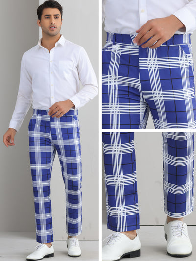 Plaid Dress Pants for Men's Flat Front Color BlockZipper Business Chino Trousers