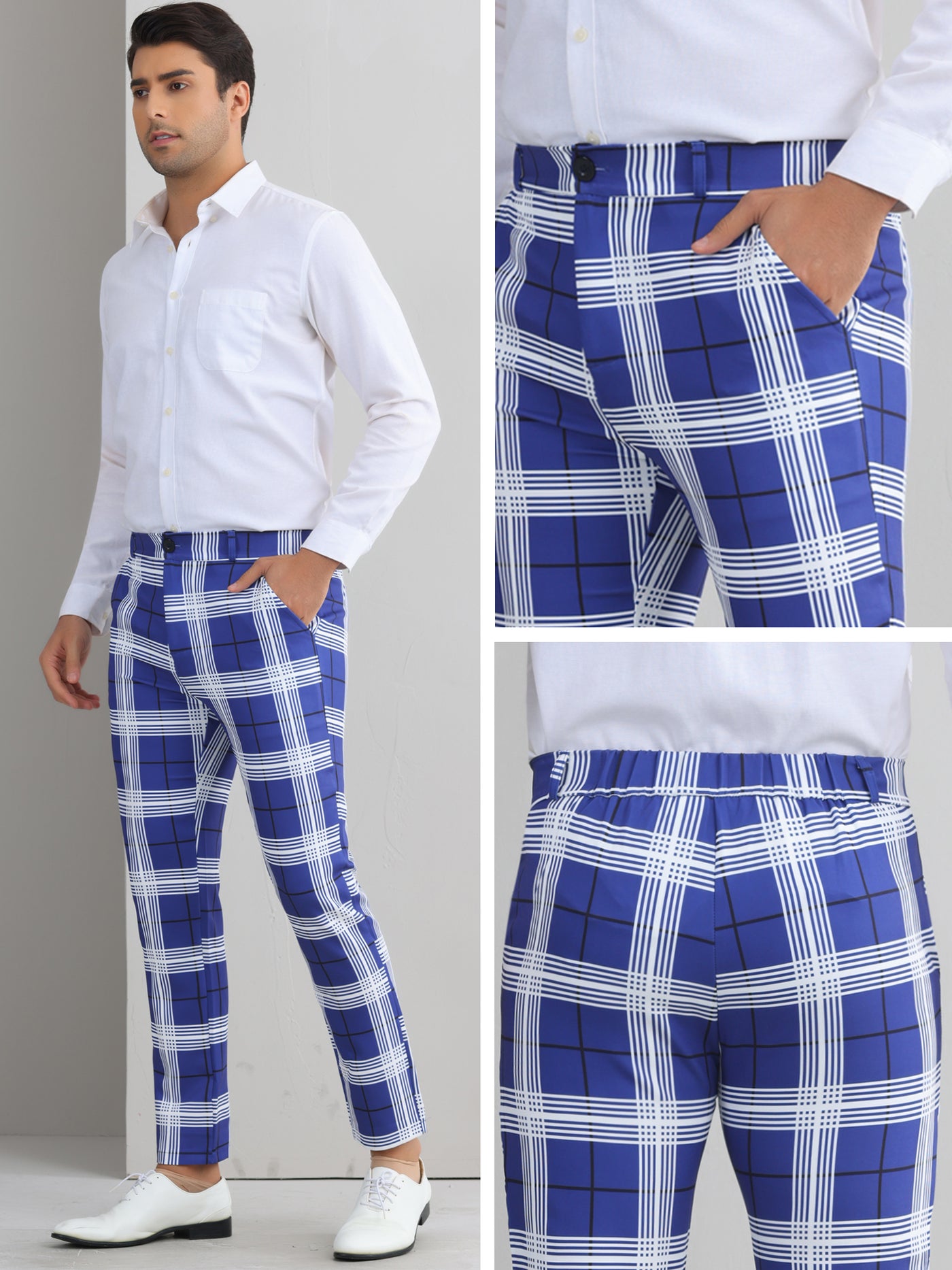 Bublédon Plaid Dress Pants for Men's Flat Front Color BlockZipper Business Chino Trousers