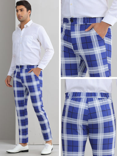 Plaid Dress Pants for Men's Flat Front Color BlockZipper Business Chino Trousers