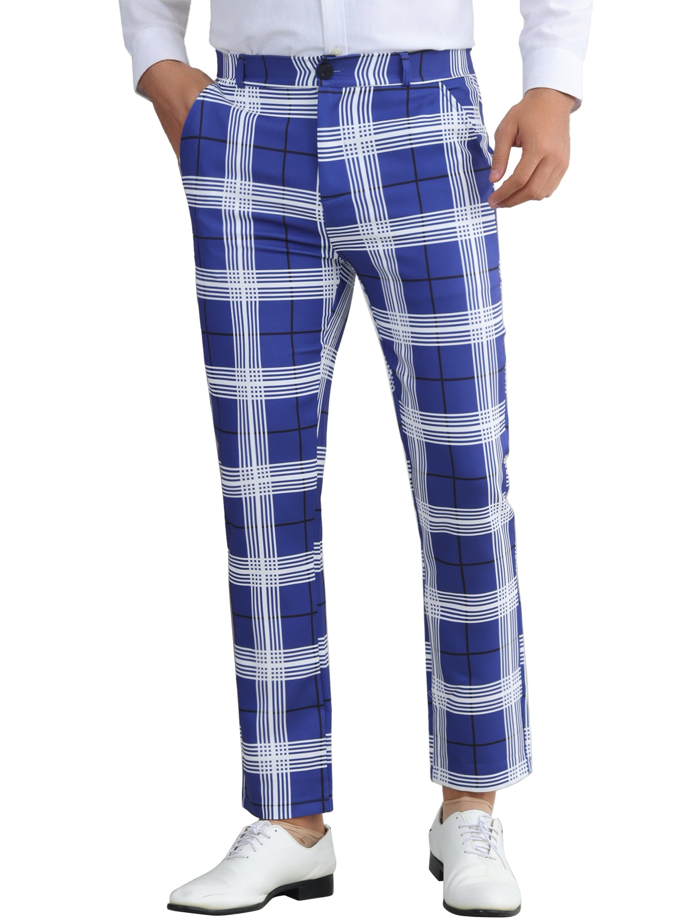 Bublédon Plaid Dress Pants for Men's Flat Front Color BlockZipper Business Chino Trousers