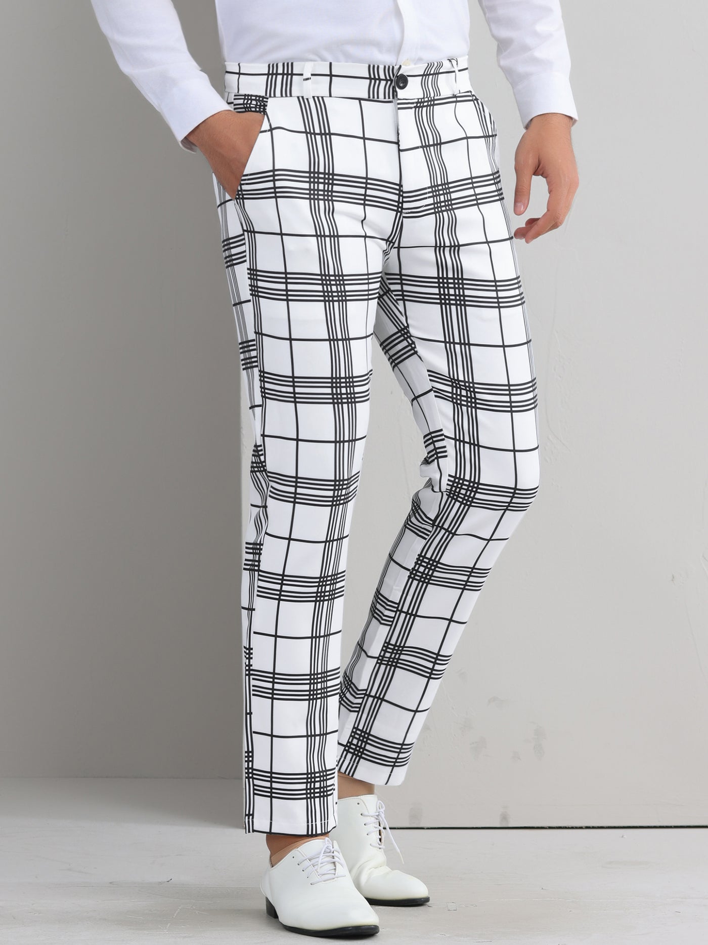 Bublédon Plaid Dress Pants for Men's Flat Front Color BlockZipper Business Chino Trousers