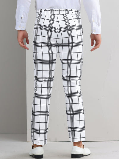 Plaid Dress Pants for Men's Flat Front Color BlockZipper Business Chino Trousers