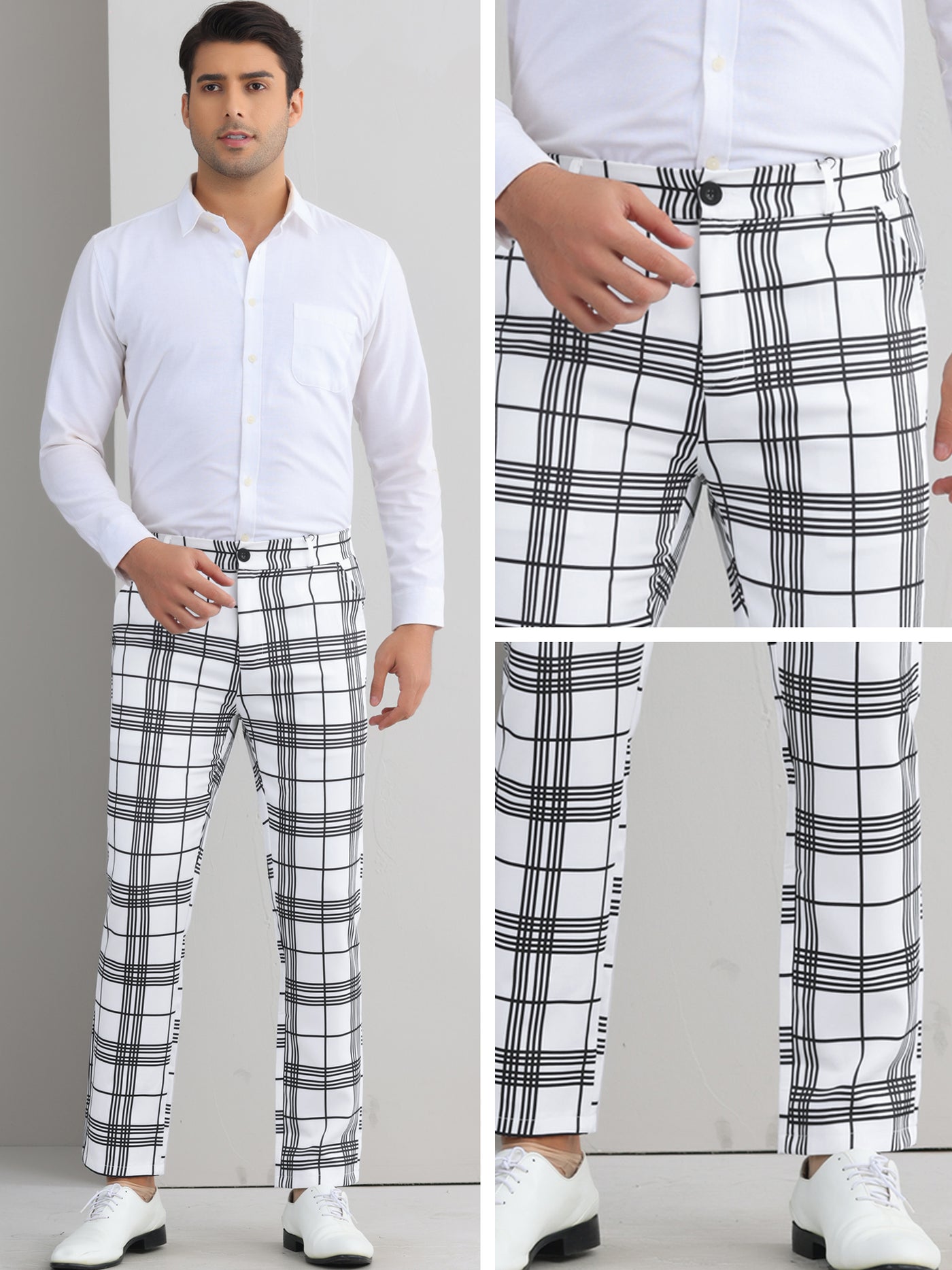 Bublédon Plaid Dress Pants for Men's Flat Front Color BlockZipper Business Chino Trousers