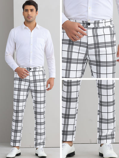 Plaid Dress Pants for Men's Flat Front Color BlockZipper Business Chino Trousers