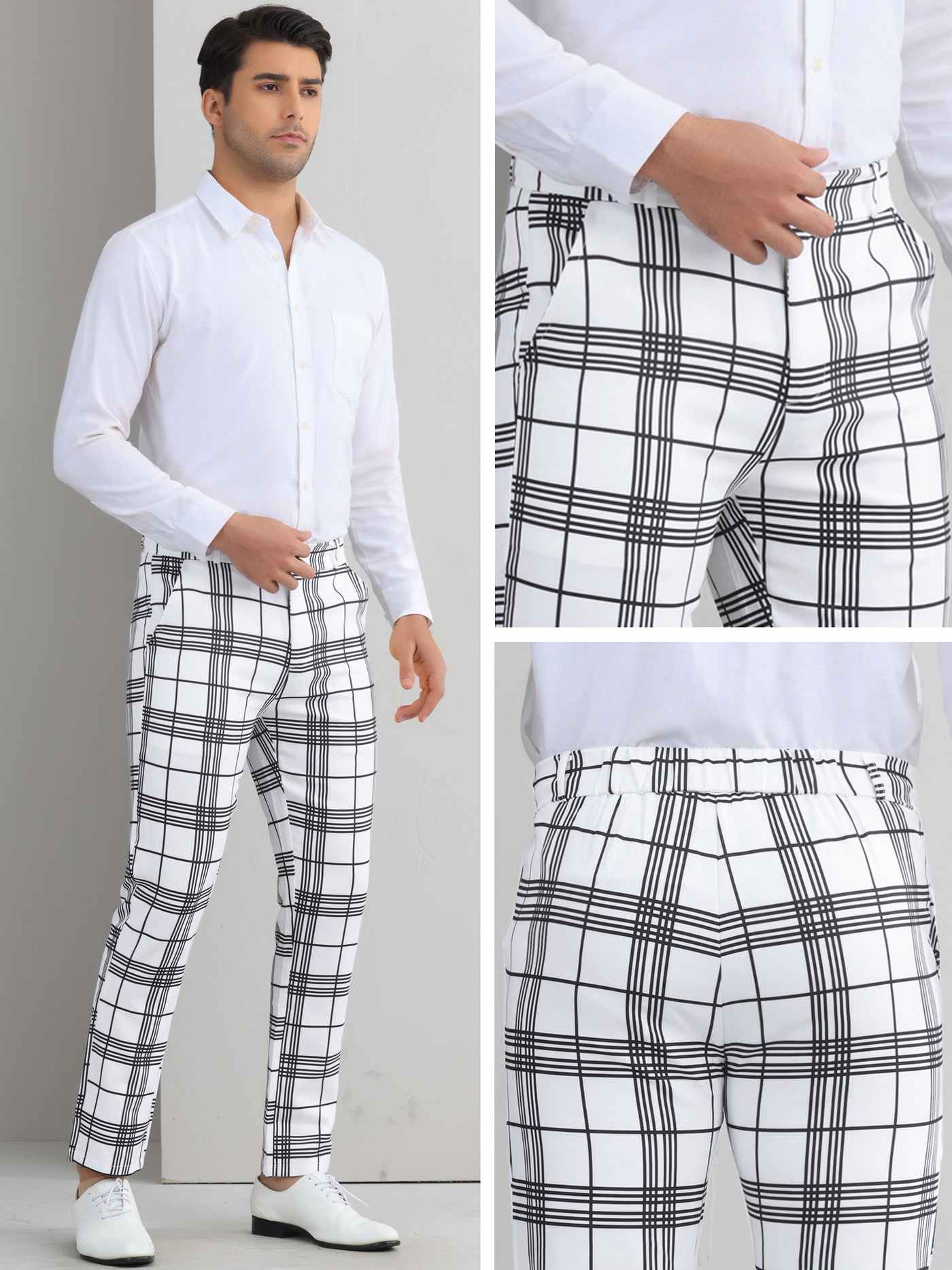 Bublédon Plaid Dress Pants for Men's Flat Front Color BlockZipper Business Chino Trousers