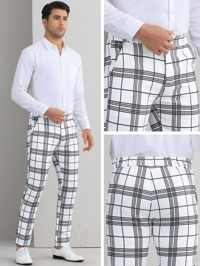 Plaid Dress Pants for Men's Flat Front Color BlockZipper Business Chino Trousers