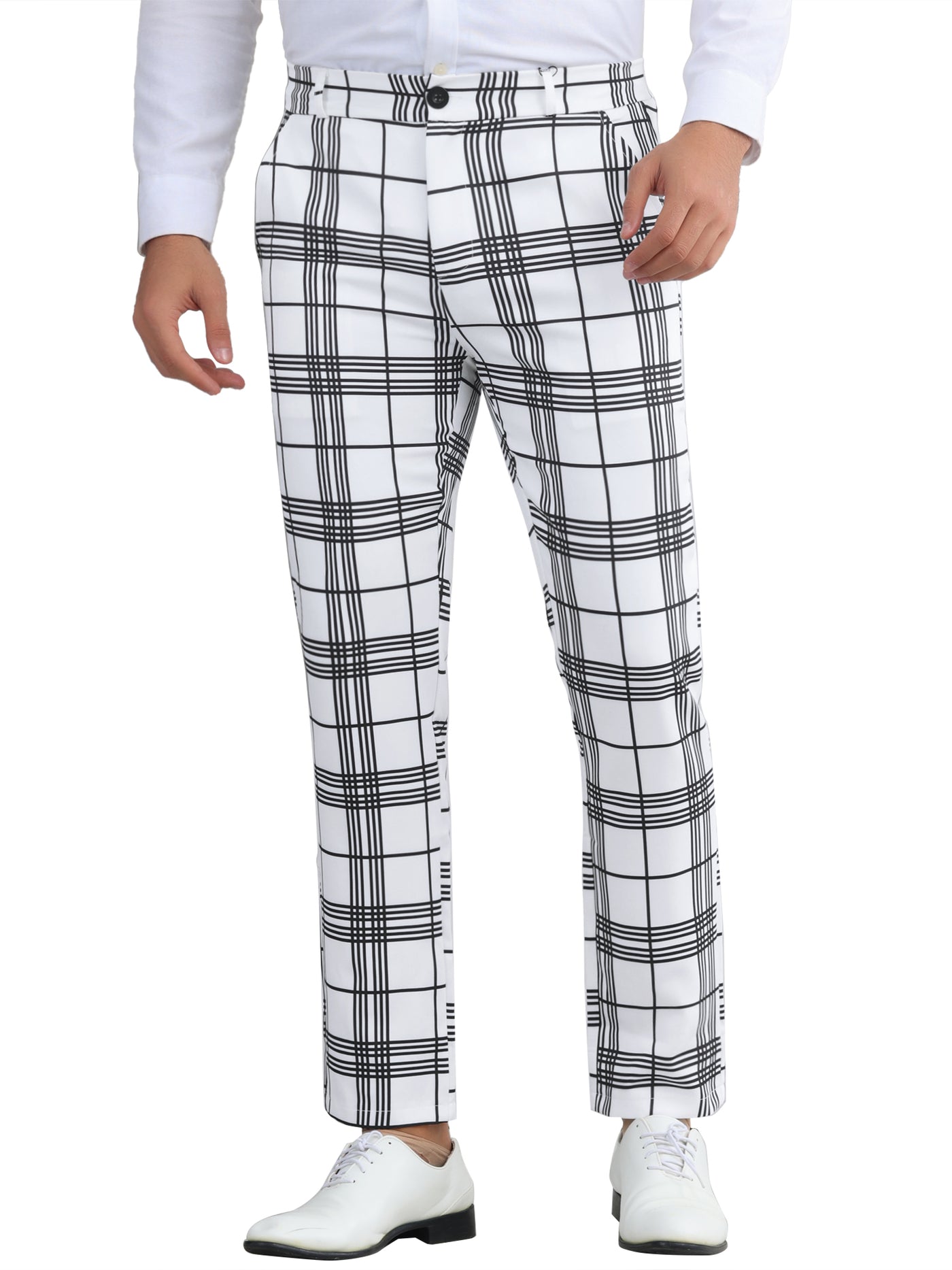 Bublédon Plaid Dress Pants for Men's Flat Front Color BlockZipper Business Chino Trousers