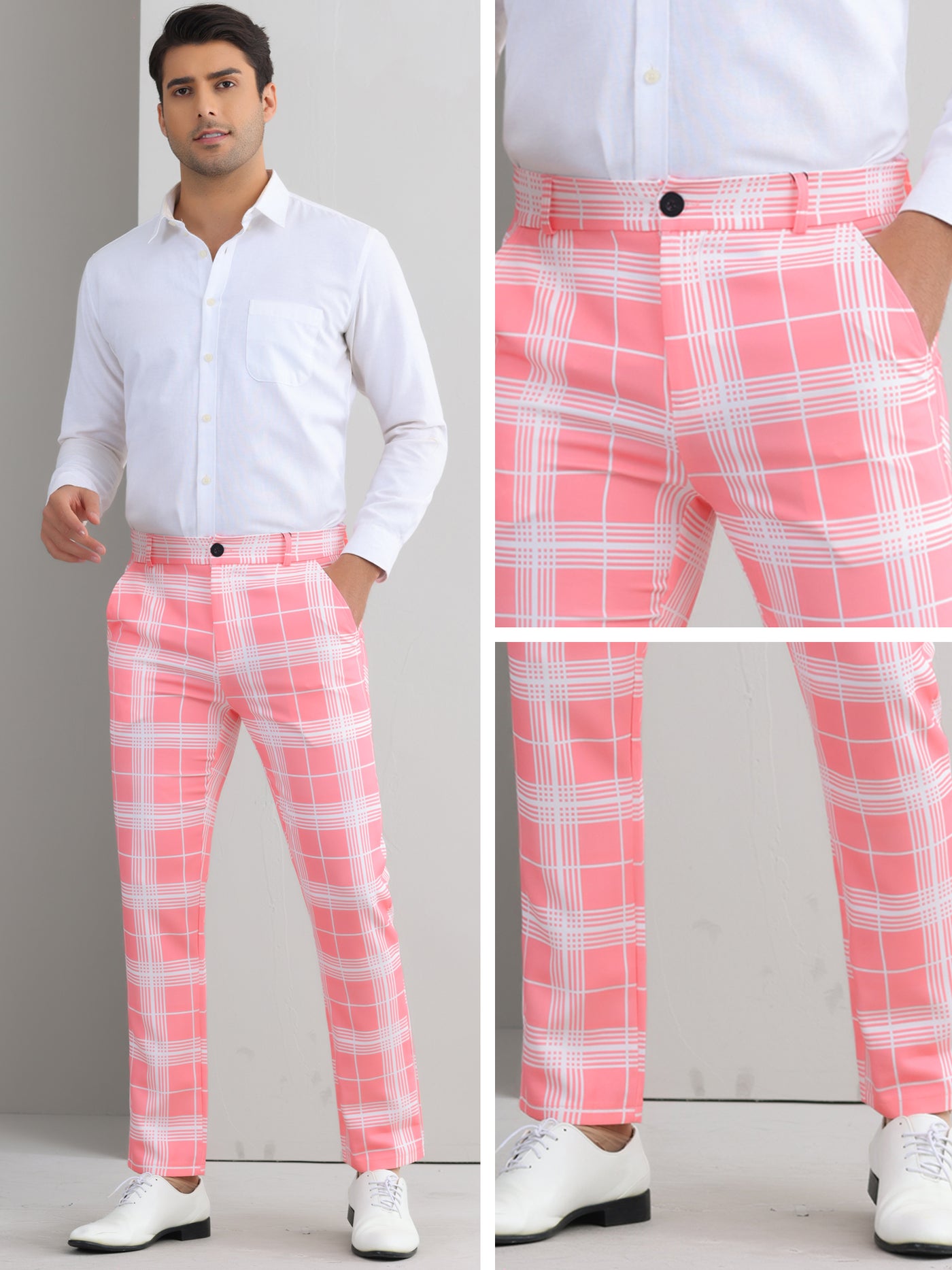 Bublédon Plaid Dress Pants for Men's Flat Front Color BlockZipper Business Chino Trousers