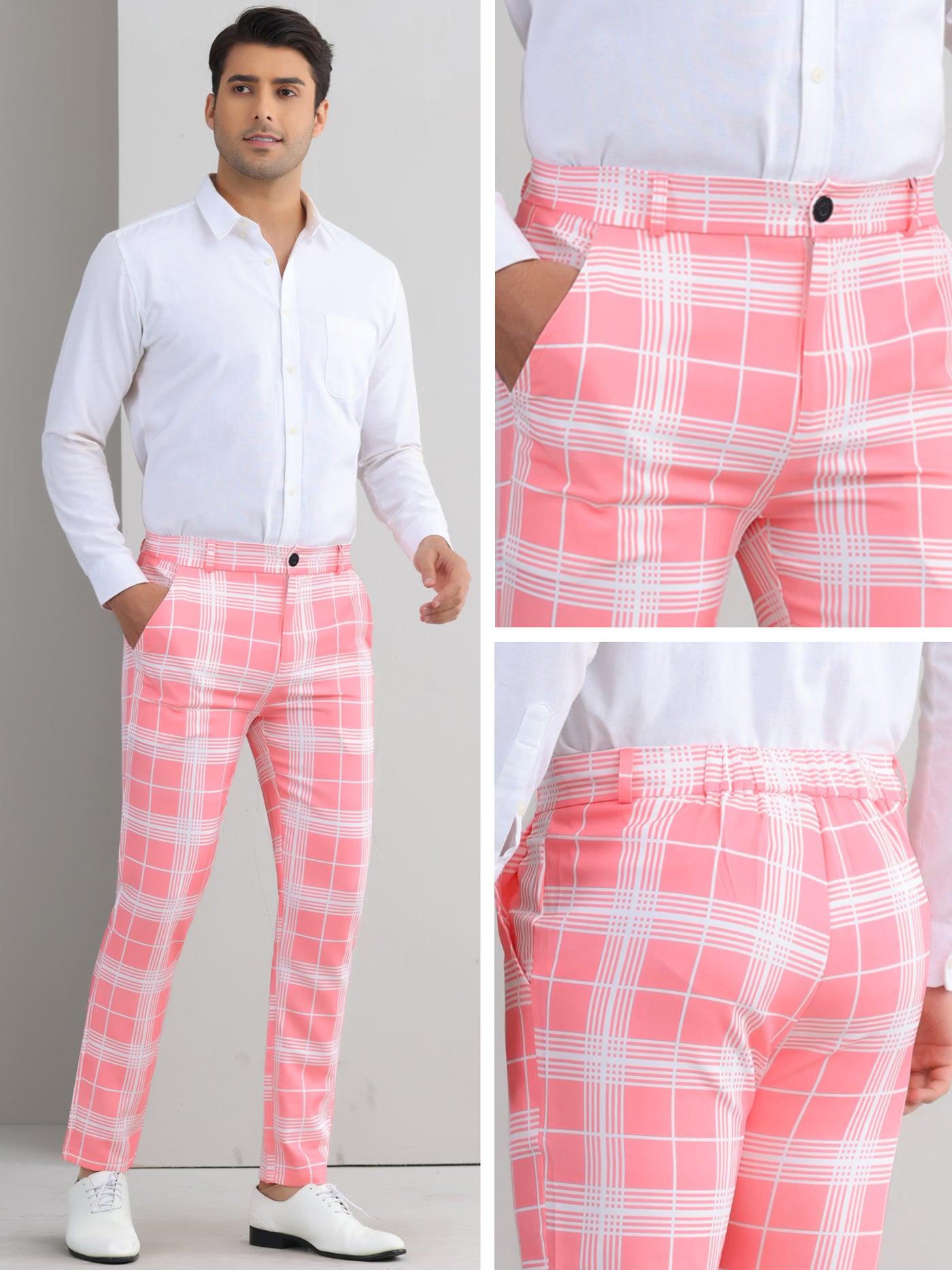 Bublédon Plaid Dress Pants for Men's Flat Front Color BlockZipper Business Chino Trousers