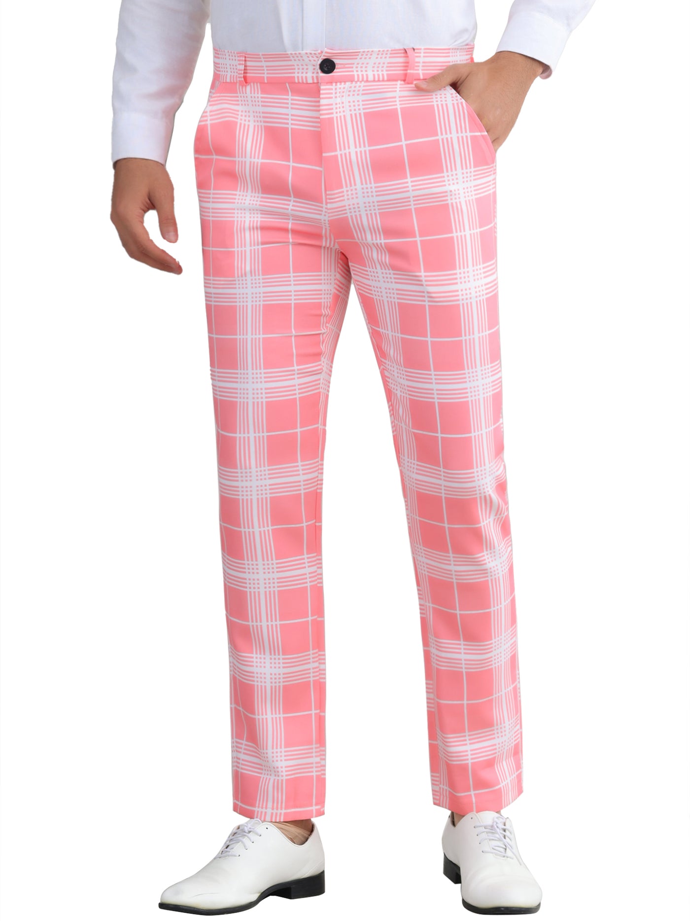 Bublédon Plaid Dress Pants for Men's Flat Front Color BlockZipper Business Chino Trousers