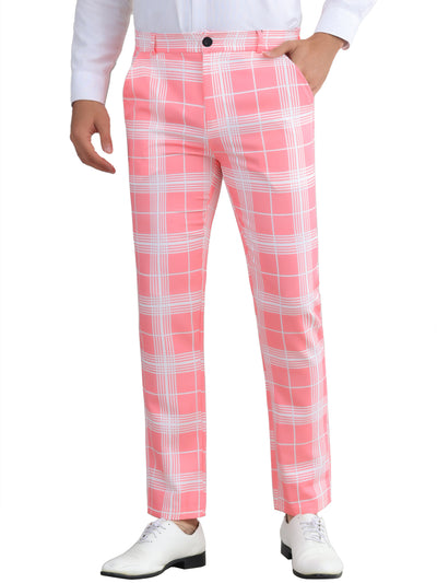 Plaid Dress Pants for Men's Flat Front Color BlockZipper Business Chino Trousers