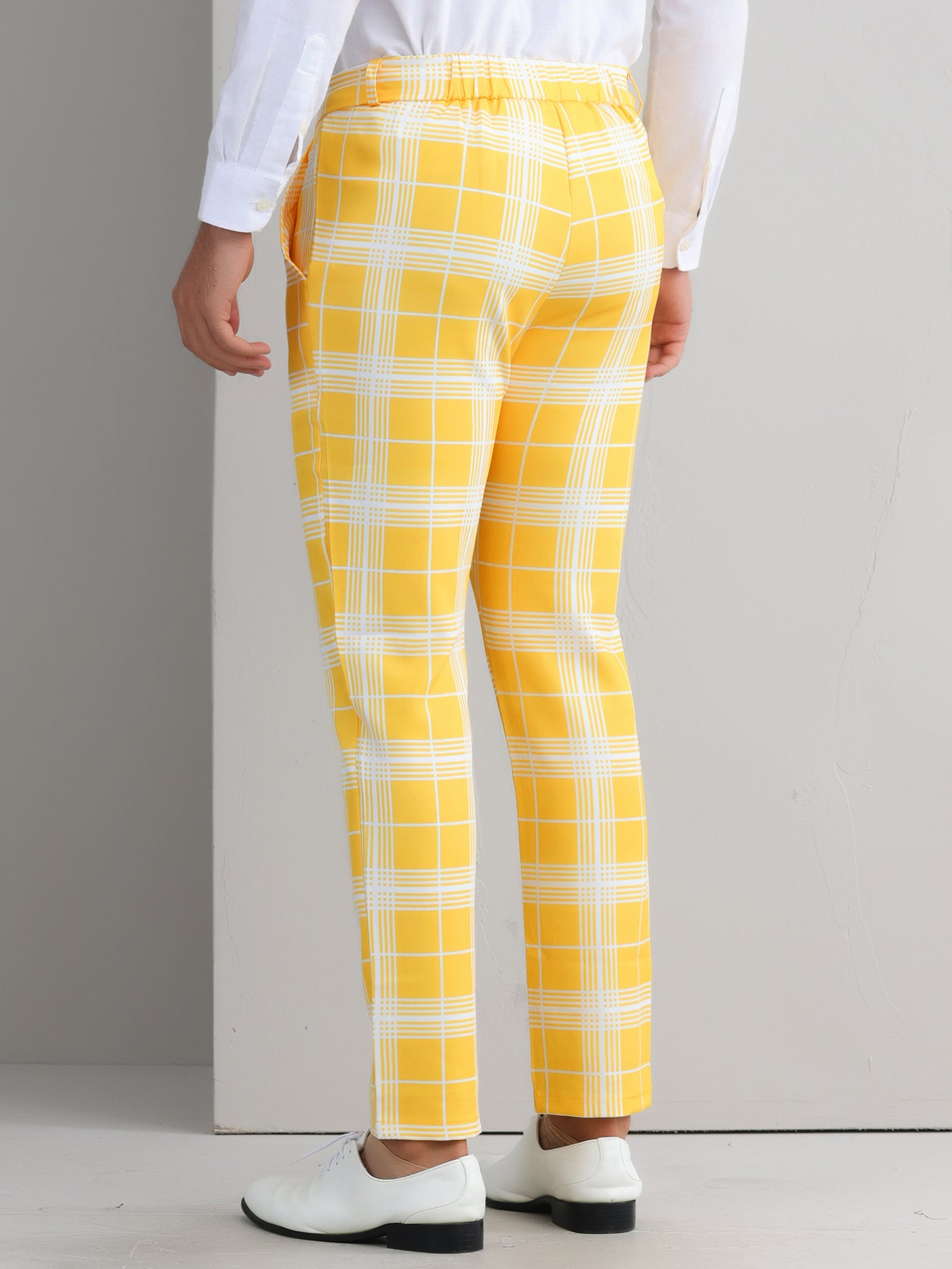 Bublédon Plaid Dress Pants for Men's Flat Front Color BlockZipper Business Chino Trousers