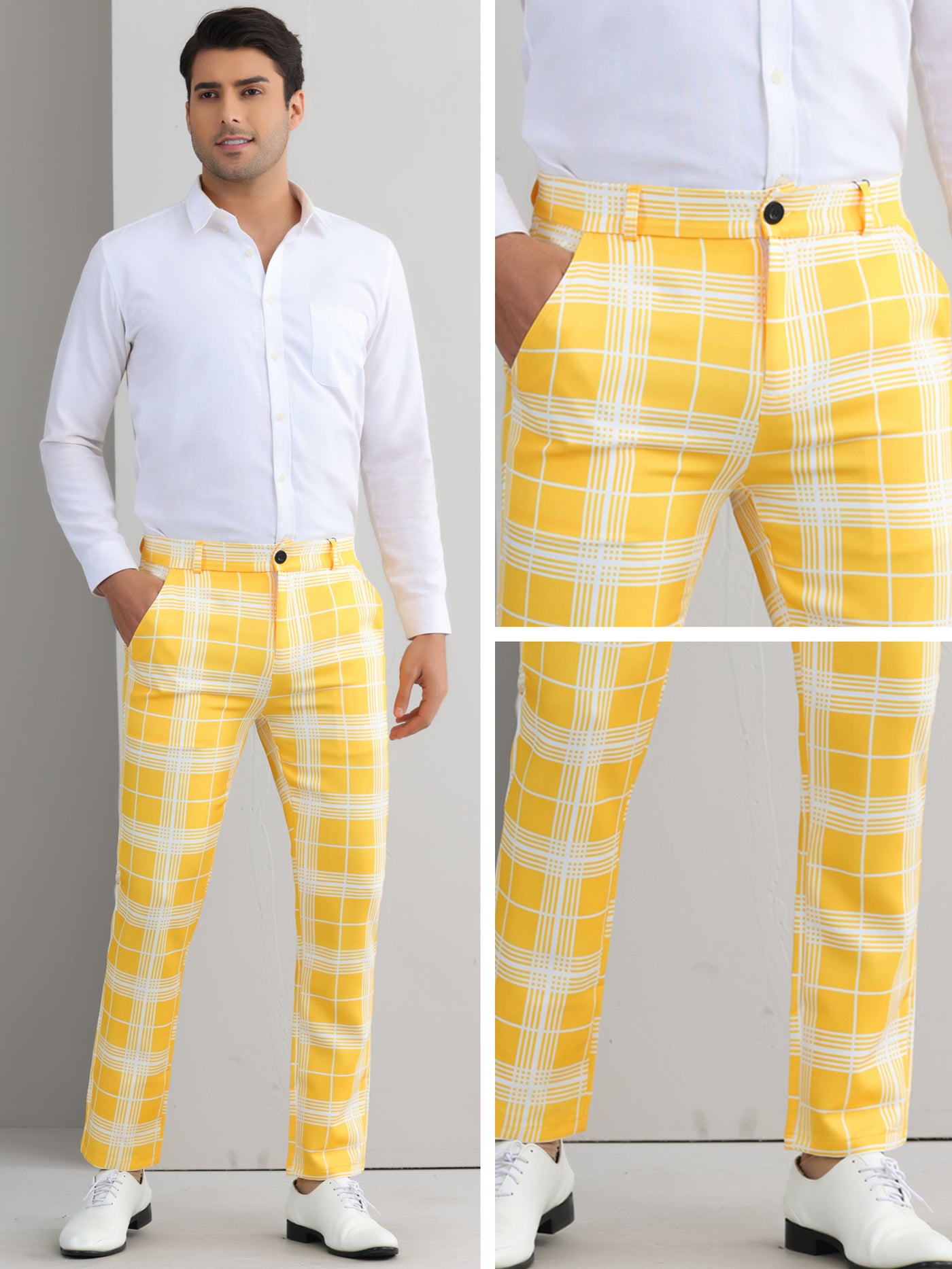 Bublédon Plaid Dress Pants for Men's Flat Front Color BlockZipper Business Chino Trousers