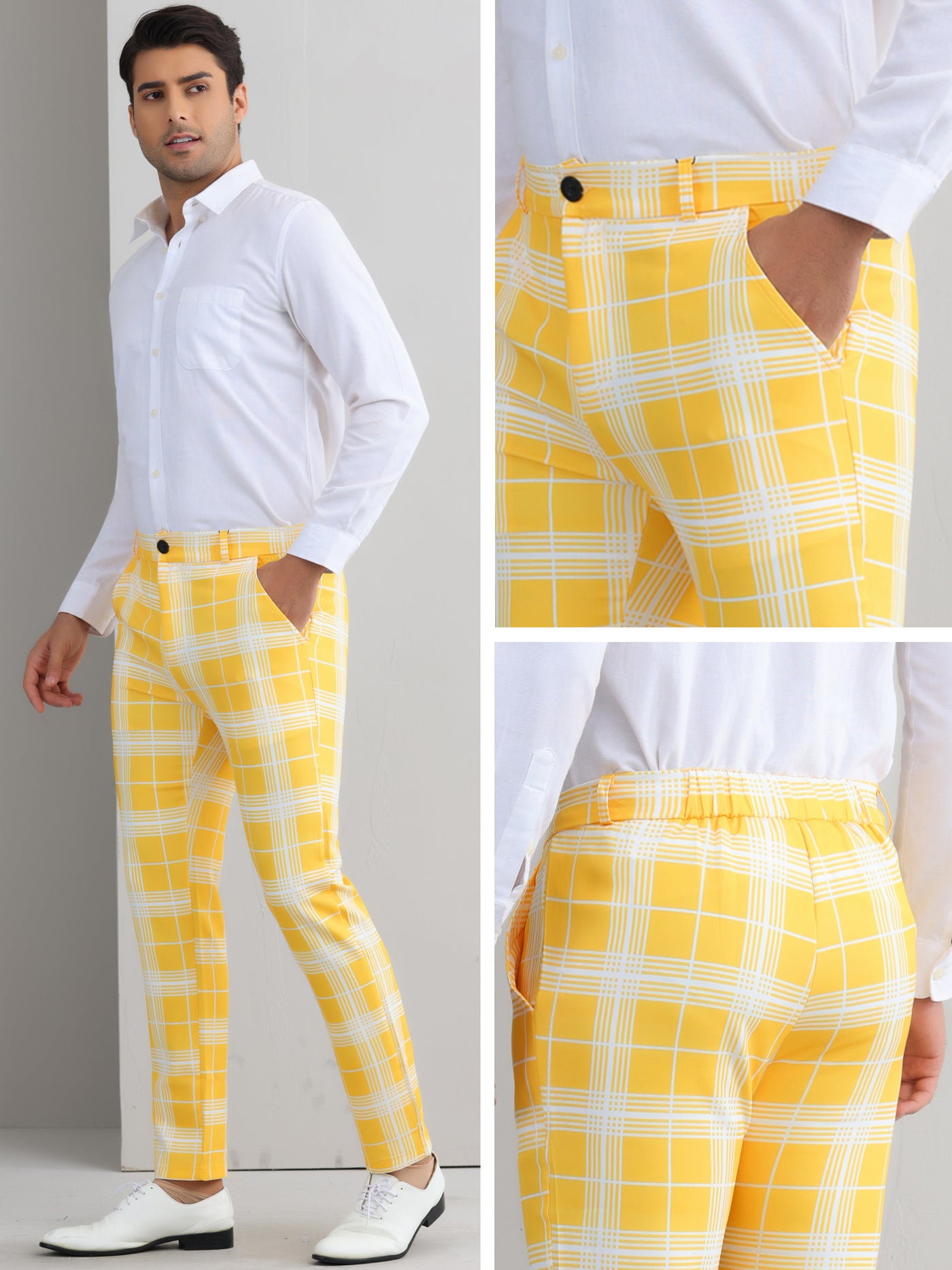 Bublédon Plaid Dress Pants for Men's Flat Front Color BlockZipper Business Chino Trousers