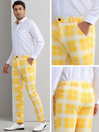 Plaid Dress Pants for Men's Flat Front Color BlockZipper Business Chino Trousers